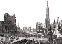 Gravure d'après un dessin de Augustin Coppens représentant la Grand-Place de Bruxelles après le Bombardement de 1695 par les troupes françaises de Louis XIV, de Vue du Marché aux Herbes vers la rue de la Colline et l'Hôtel de Ville (détail)